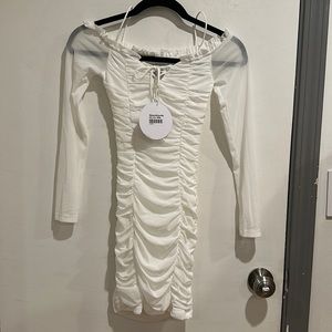 White ruched long sleeve dress